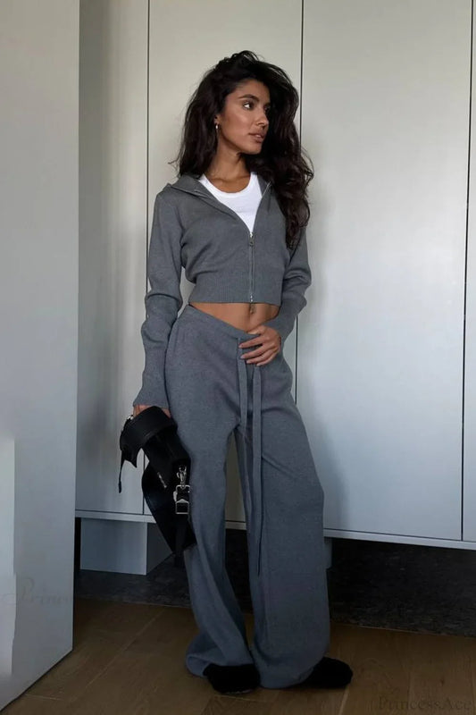 Solid Knit Short Zip Jacket Relaxed Pants Two Piece Set