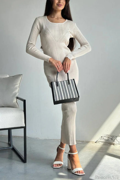 Solid Knit Waisted Long Sleeve Maxi Dress