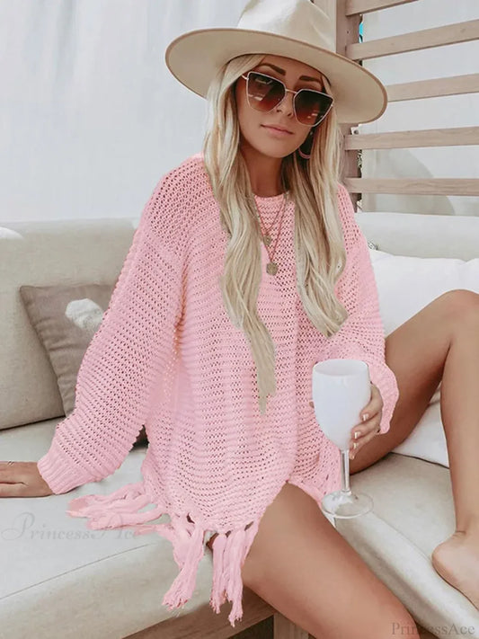 Solid Lace Up Tassel Beach Cover Up