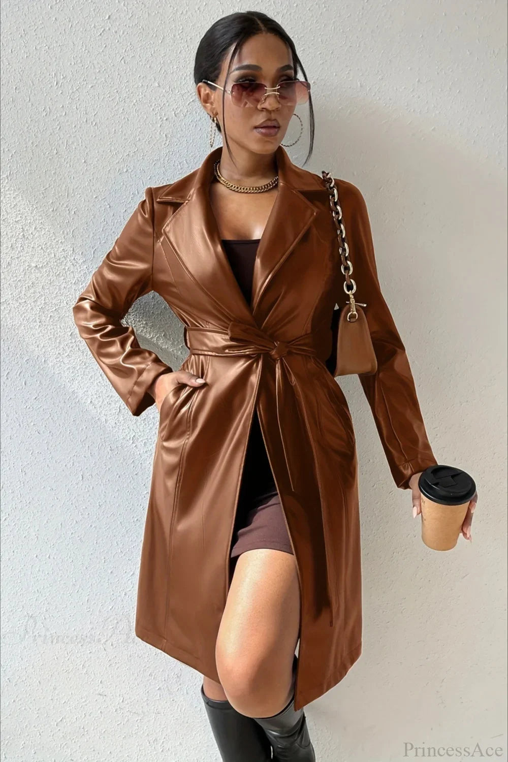 Solid PU Leather Slim-Fit Overcoat