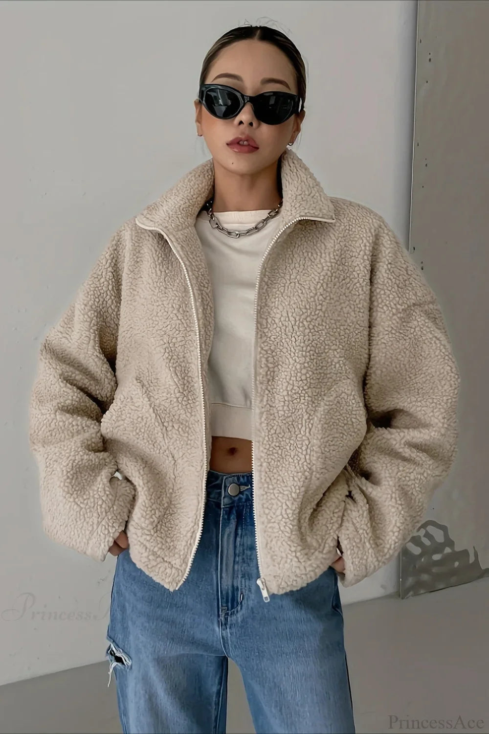 Solid Relaxed Shearling High Neck Jacket