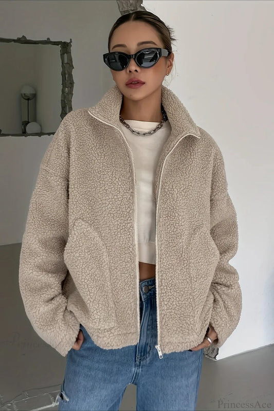 Solid Relaxed Shearling High Neck Jacket