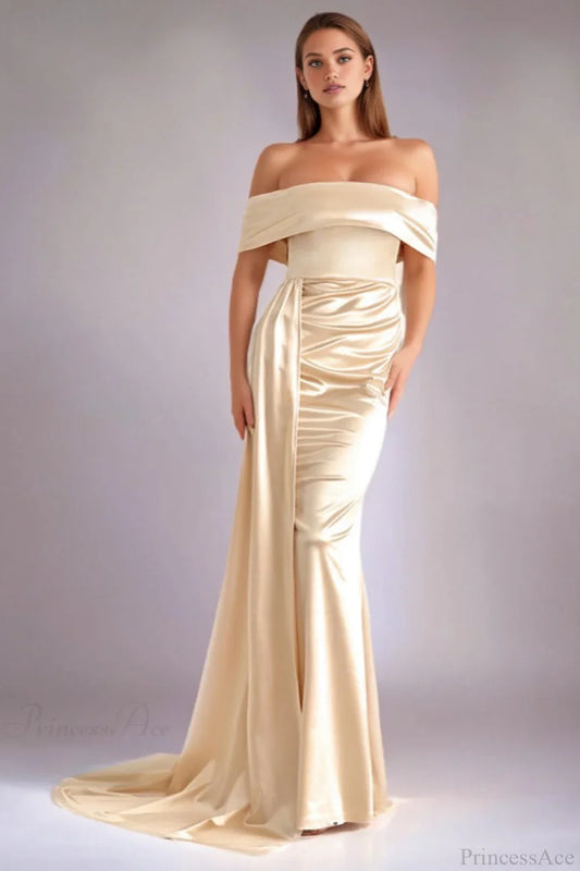 Solid Satin Off-the-Shoulder High Waist Mermaid Evening Dress