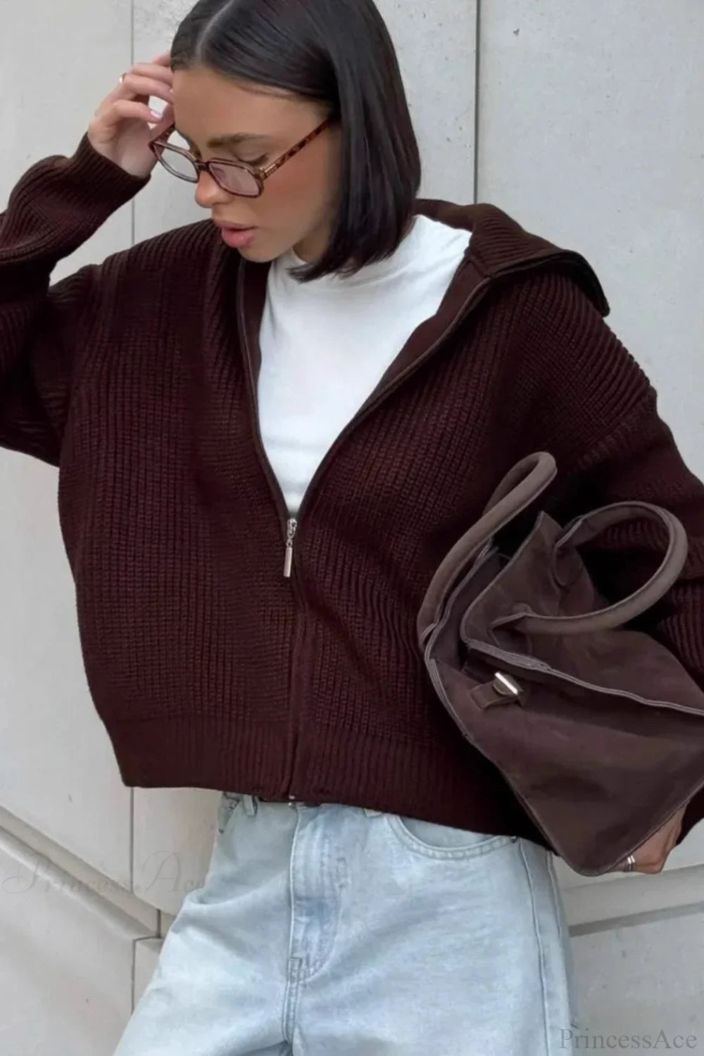 Solid Simple Zip Cardigan Casual Slouchy Knit Jacket