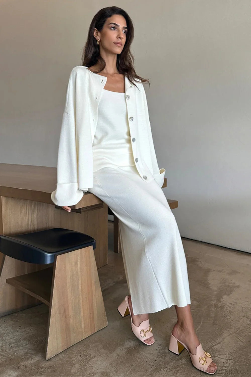 Solid Soft Minimalist Knit Cami Midi Skirt Three Piece Set