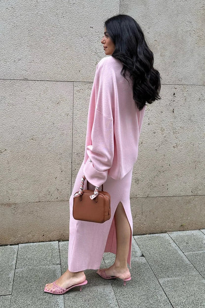 Solid Soft Minimalist Knit Cami Midi Skirt Three Piece Set