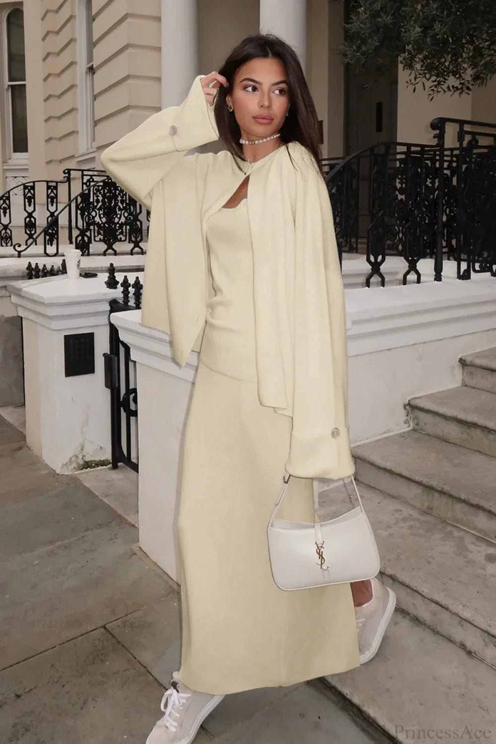 Solid Soft Minimalist Knit Cami Midi Skirt Three Piece Set