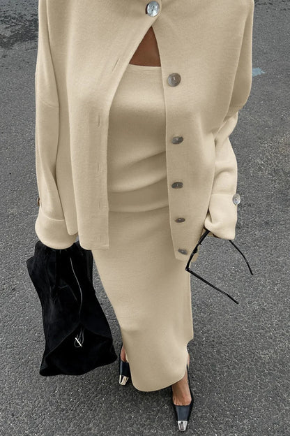 Solid Soft Minimalist Knit Cami Midi Skirt Three Piece Set