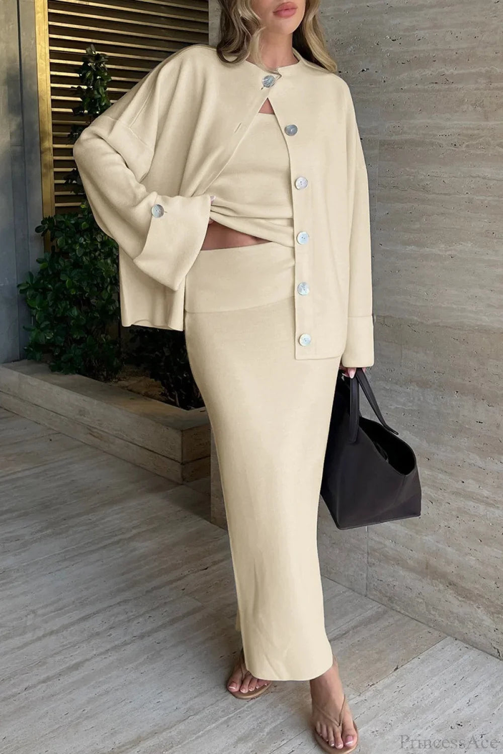 Solid Soft Minimalist Knit Cami Midi Skirt Three Piece Set