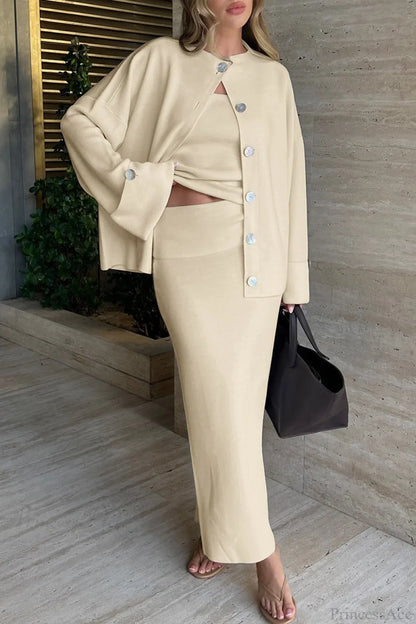 Solid Soft Minimalist Knit Cami Midi Skirt Three Piece Set