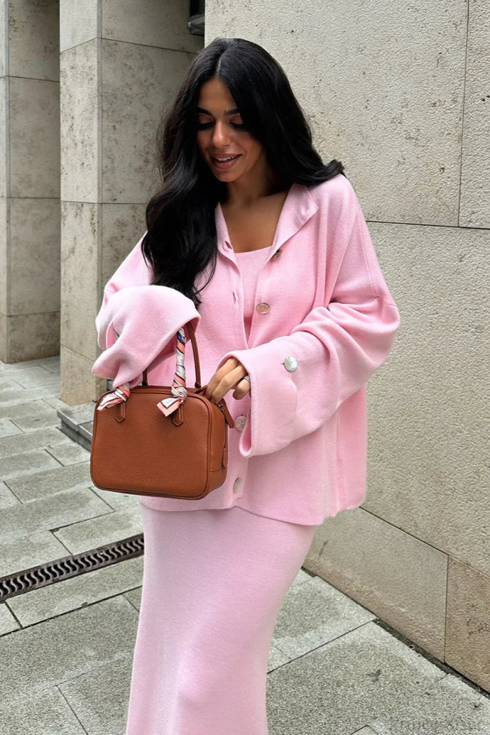 Solid Soft Minimalist Knit Cami Midi Skirt Three Piece Set