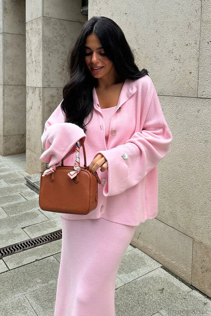 Solid Soft Minimalist Knit Cami Midi Skirt Three Piece Set