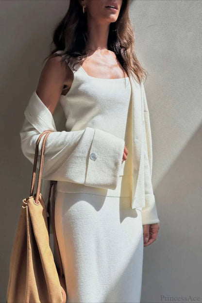 Solid Soft Minimalist Knit Cami Midi Skirt Three Piece Set