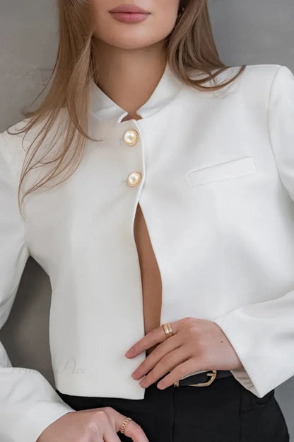 Solid Stand Collar Long Sleeve Elegant Jacket