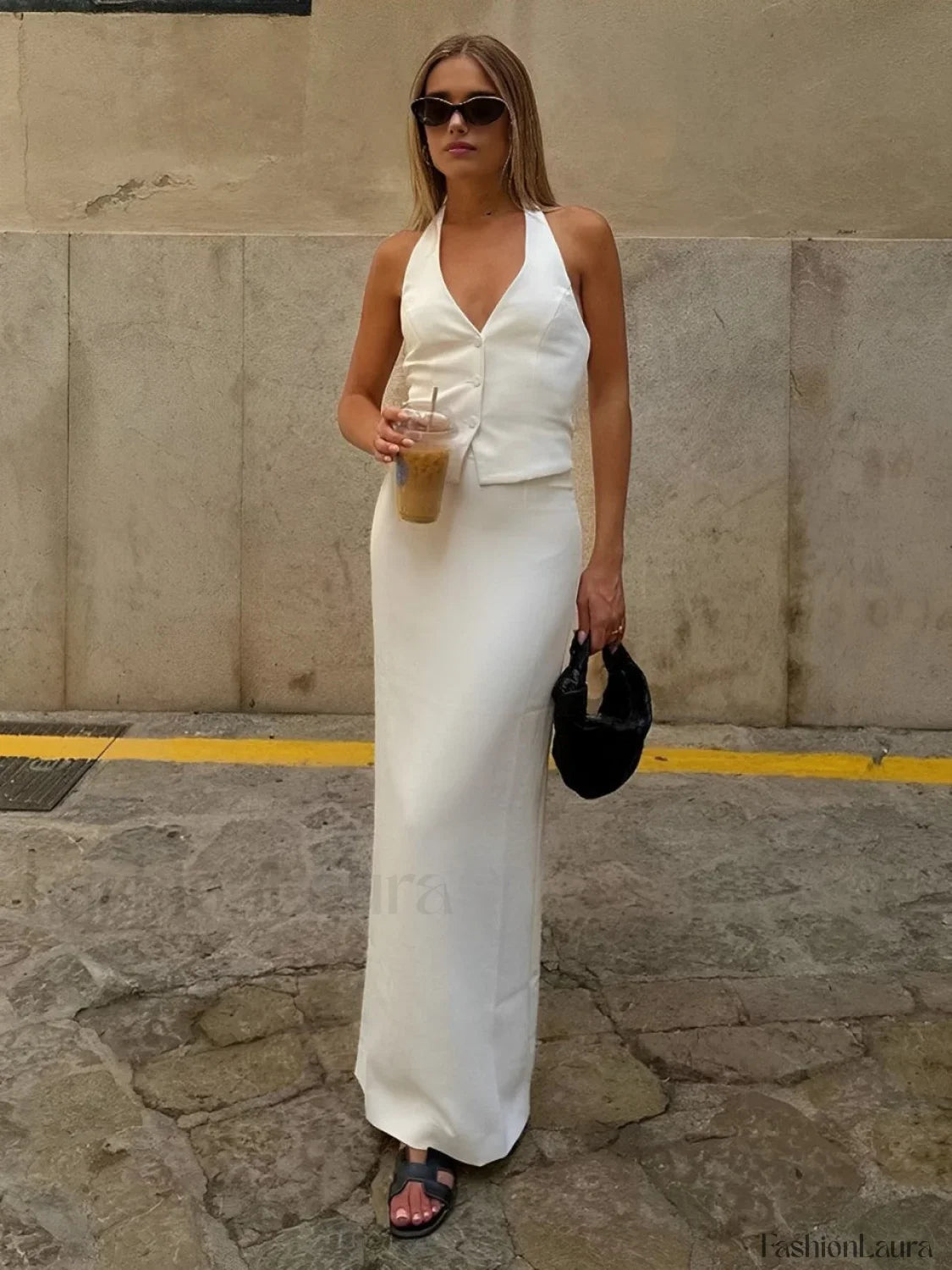 Solid V-Neck Backless Tie Up Halter & Split Maxi Skirt Set
