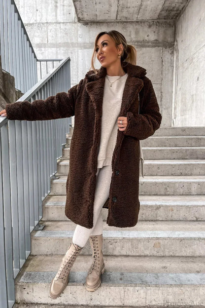 Solid Warm Faux Fur Lapel Overcoat