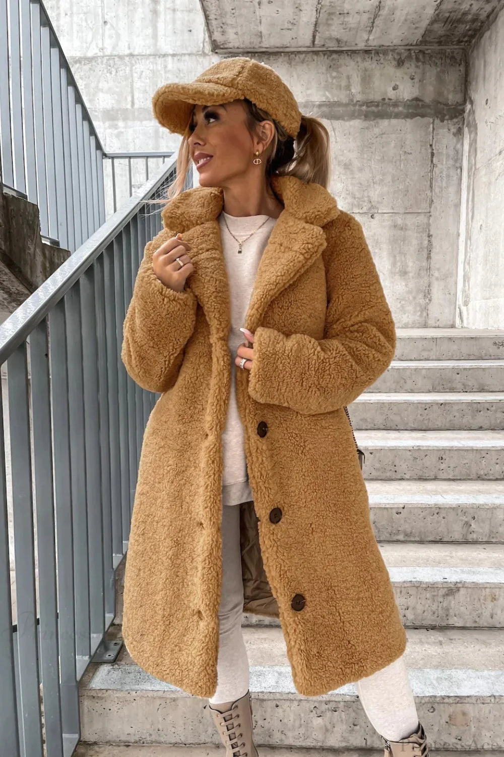 Solid Warm Faux Fur Lapel Overcoat