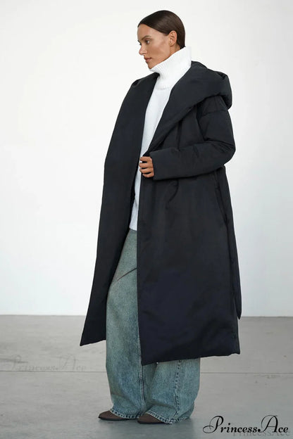 Solid Warm Long Hooded Belted Cotton Puffer Overcoat