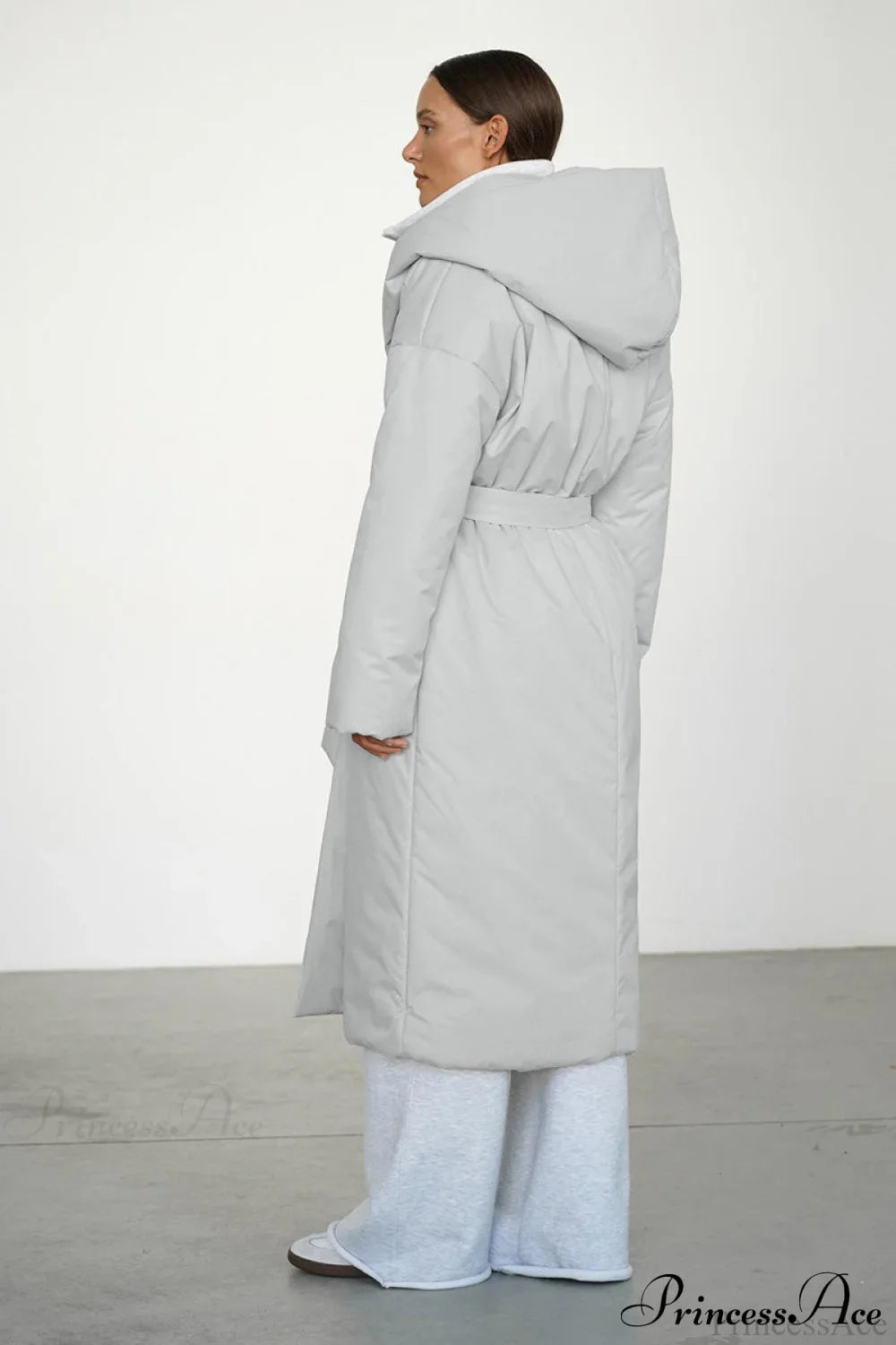 Solid Warm Long Hooded Belted Cotton Puffer Overcoat