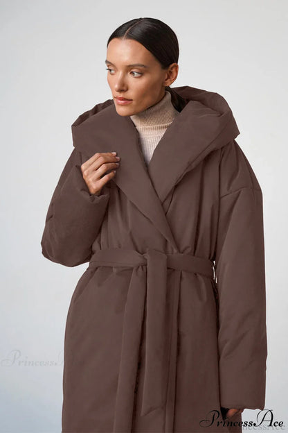 Solid Warm Long Hooded Belted Cotton Puffer Overcoat