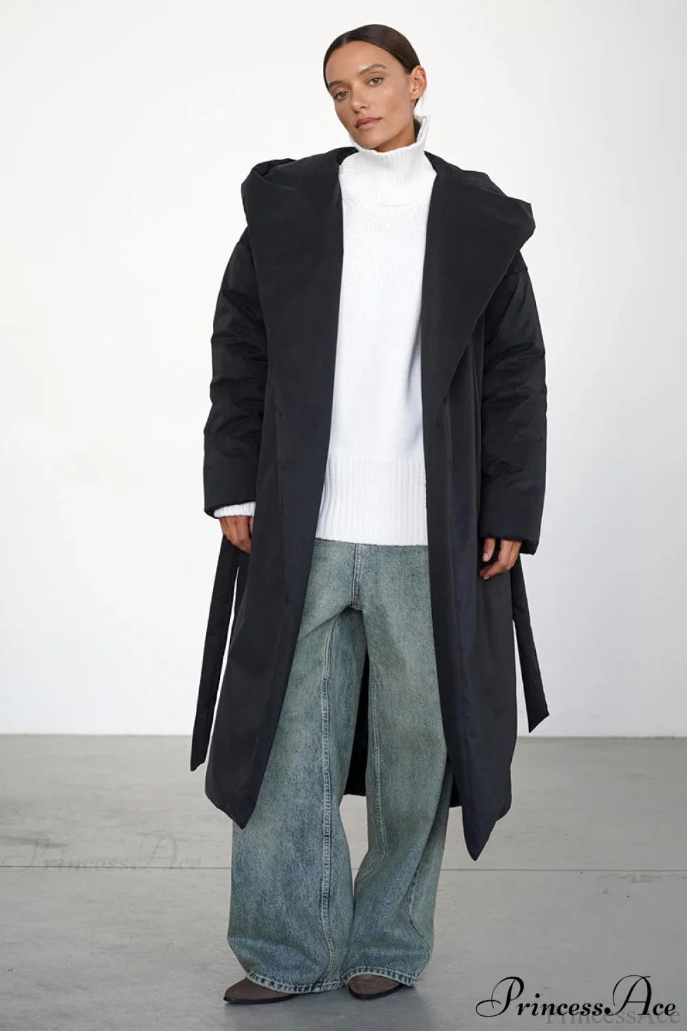 Solid Warm Long Hooded Belted Cotton Puffer Overcoat