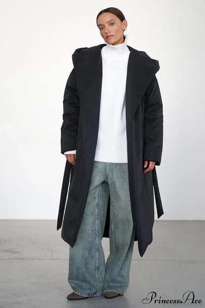 Solid Warm Long Hooded Belted Cotton Puffer Overcoat