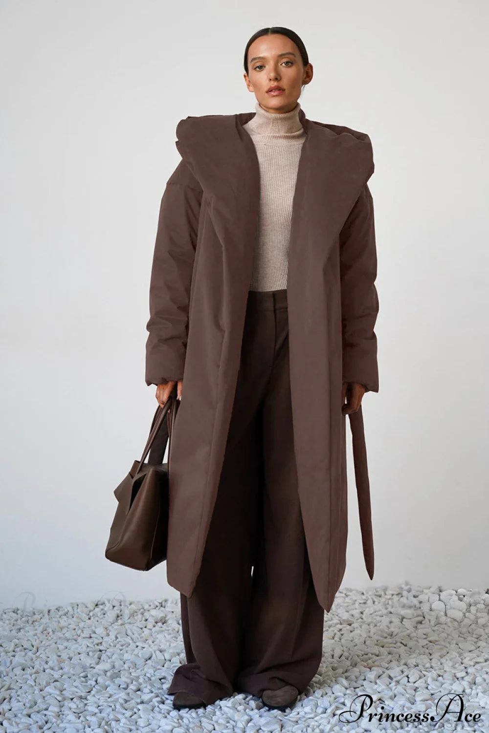 Solid Warm Long Hooded Belted Cotton Puffer Overcoat