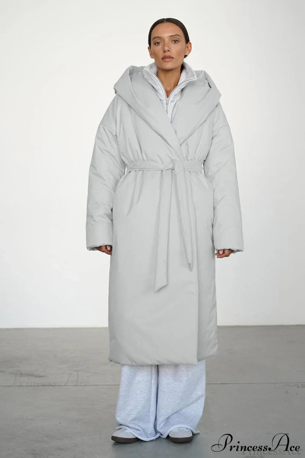 Solid Warm Long Hooded Belted Cotton Puffer Overcoat