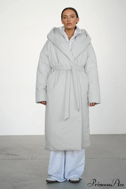 Solid Warm Long Hooded Belted Cotton Puffer Overcoat