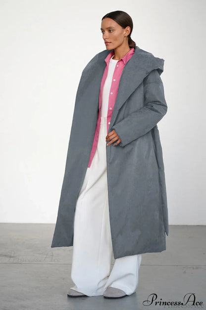 Solid Warm Long Hooded Belted Cotton Puffer Overcoat