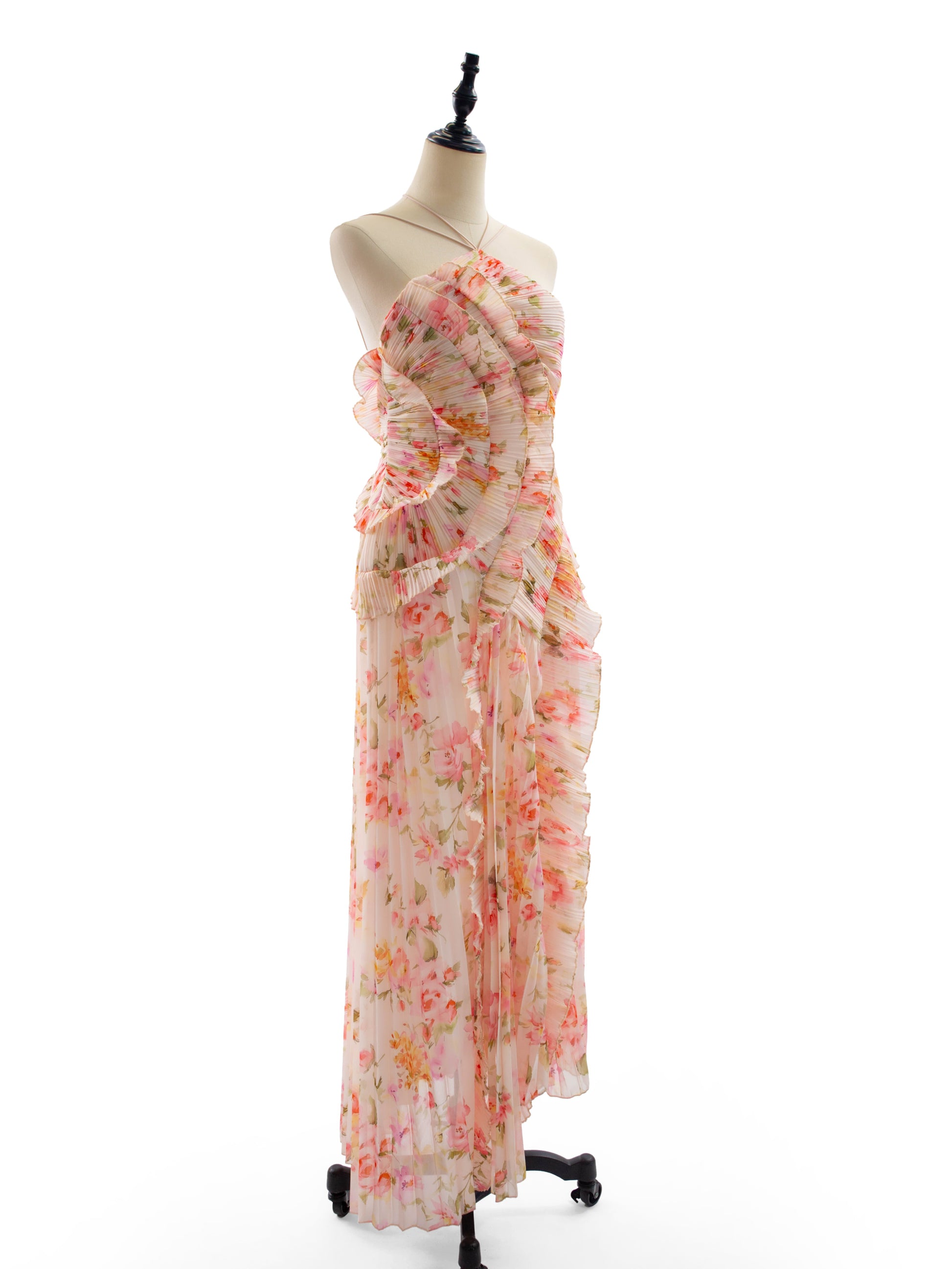 Date Night Dresses Maxi Asymmetrical Pleated Ruffles Sleeveless Floral Print Halter Elegant Dress