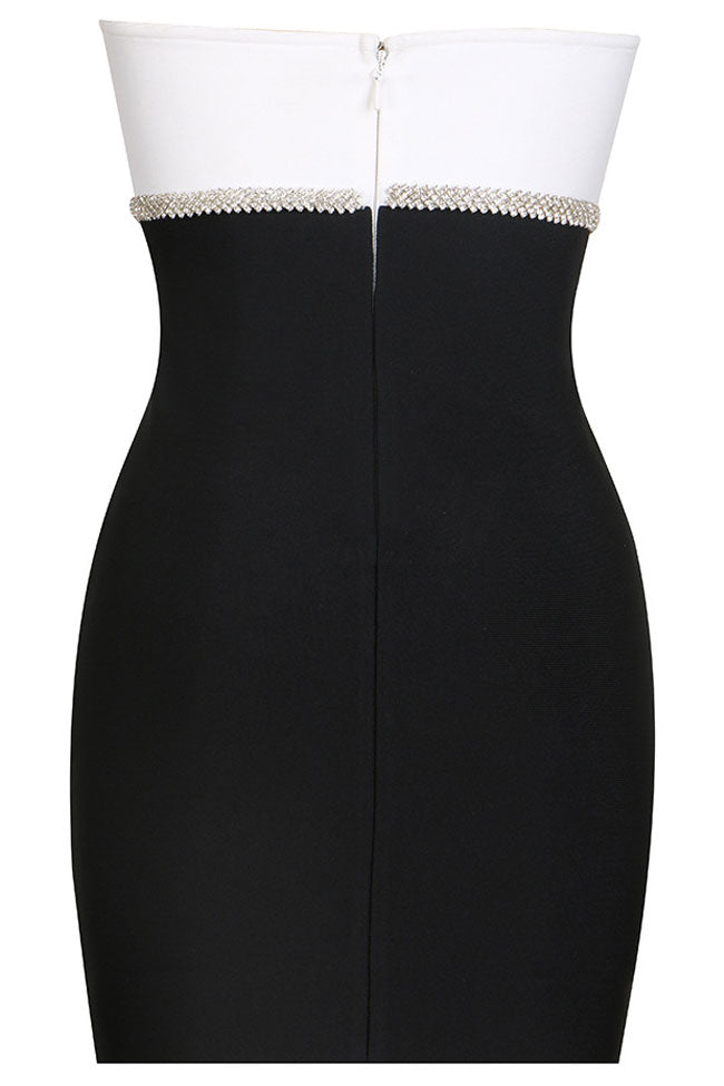 Strapless Notched Rhinestone Bow Colorblock Bandage Mini Dress