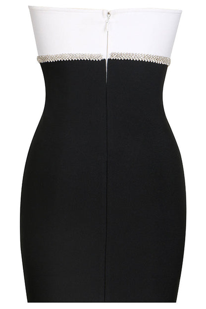 Strapless Notched Rhinestone Bow Colorblock Bandage Mini Dress