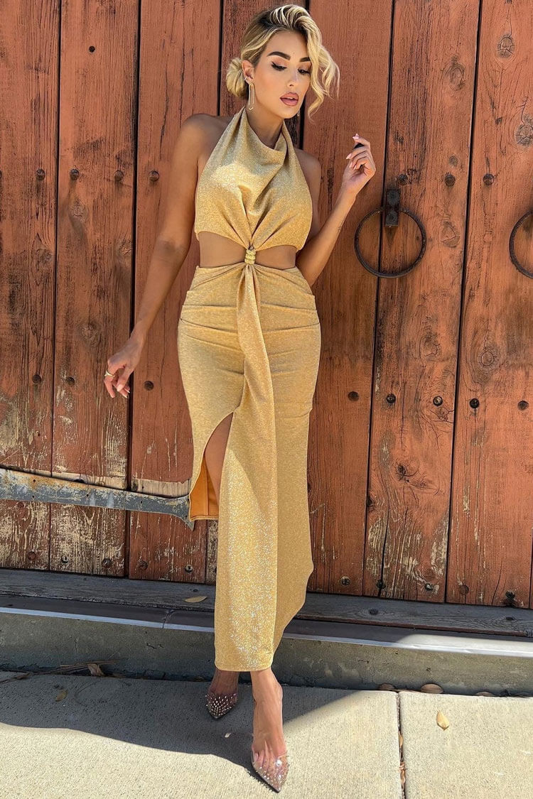 Rhinestone Halter Neck Waist Cut Out Draped Midi Dress