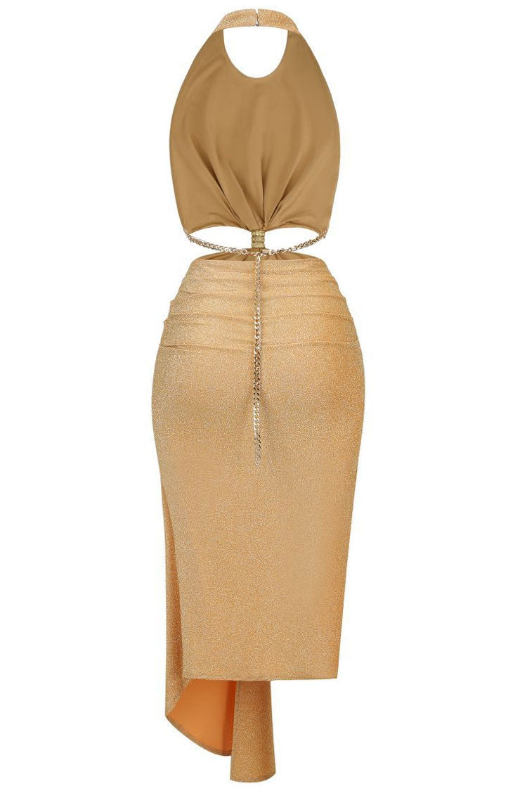 Rhinestone Halter Neck Waist Cut Out Draped Midi Dress