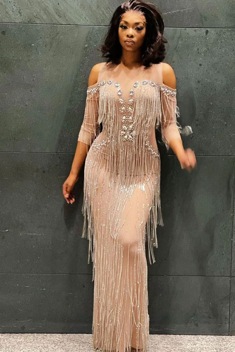 Cold Shoulder Rhinestone Embellished Beaded Fringe Sheer Mesh Floor Length Gown