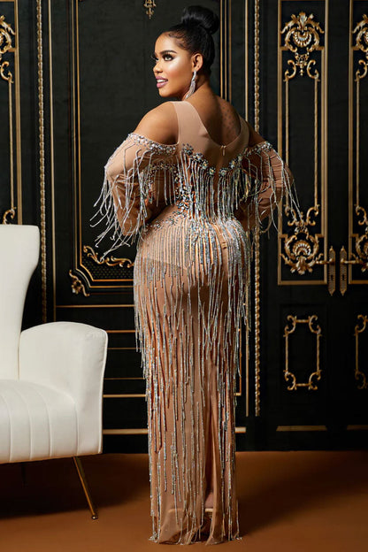 Cold Shoulder Rhinestone Embellished Beaded Fringe Sheer Mesh Floor Length Gown