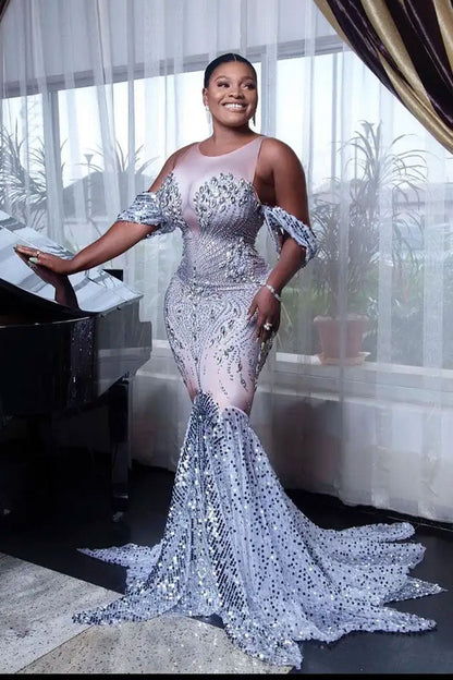 Illusion High Neck Keyhole Cold Shoulder Sequin Mermaid Train Maxi Gown