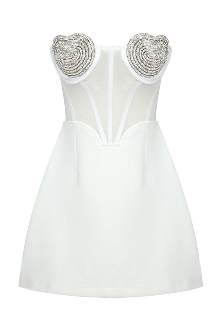 Rhinestone Spiral Applique Sheer Mesh Strapless Sweetheart Tulip Hem Mini Dress
