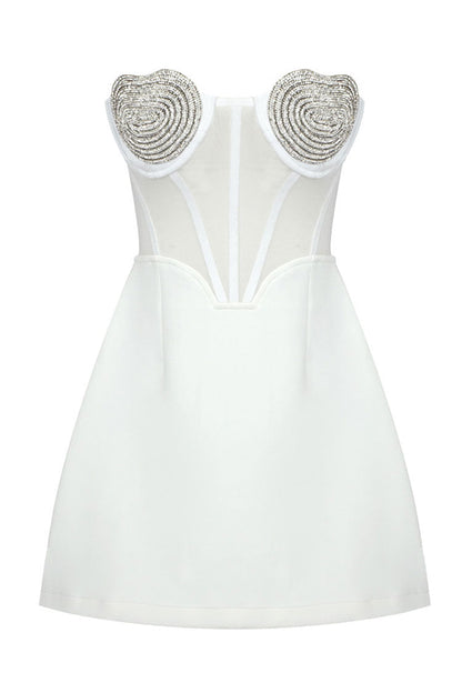 Rhinestone Spiral Applique Sheer Mesh Strapless Sweetheart Tulip Hem Mini Dress