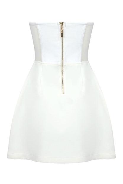 Rhinestone Spiral Applique Sheer Mesh Strapless Sweetheart Tulip Hem Mini Dress