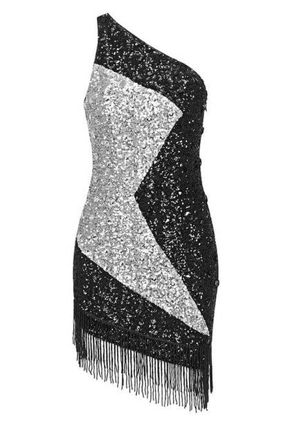 One Shoulder Diagonal Sequin Panel Fringe Hem Bodycon Mini Dress
