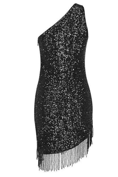 One Shoulder Diagonal Sequin Panel Fringe Hem Bodycon Mini Dress