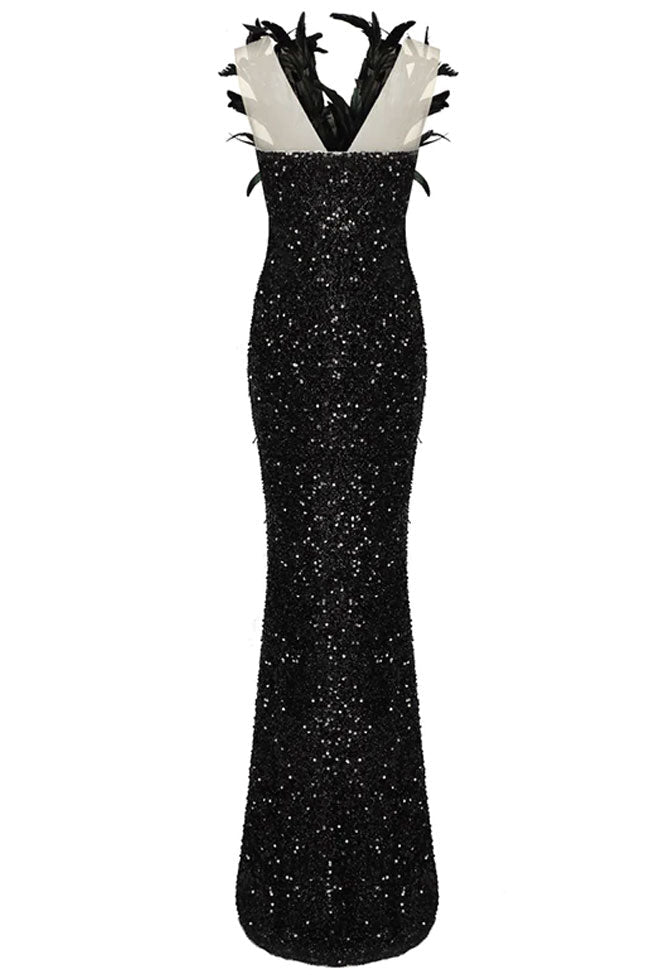 Feather Trim Deep V-Neck Sequin Thigh Split Maxi Gown