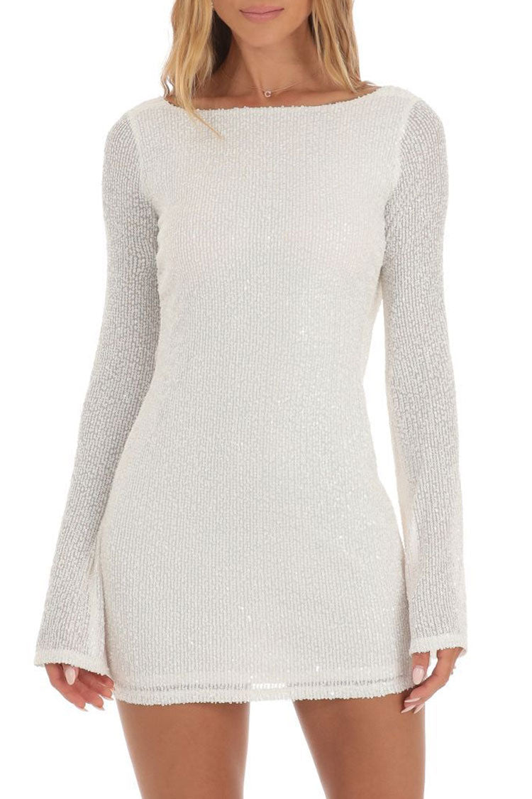 Boat Neck Long Sleeve Vertical Sequin Bodycon Mini Dress