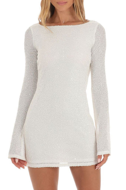 Boat Neck Long Sleeve Vertical Sequin Bodycon Mini Dress