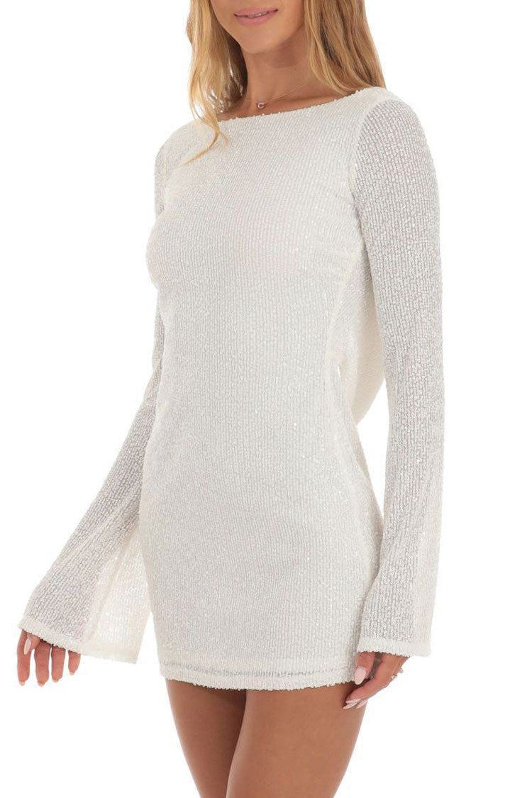 Boat Neck Long Sleeve Vertical Sequin Bodycon Mini Dress