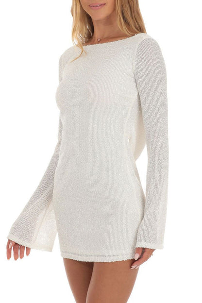 Boat Neck Long Sleeve Vertical Sequin Bodycon Mini Dress