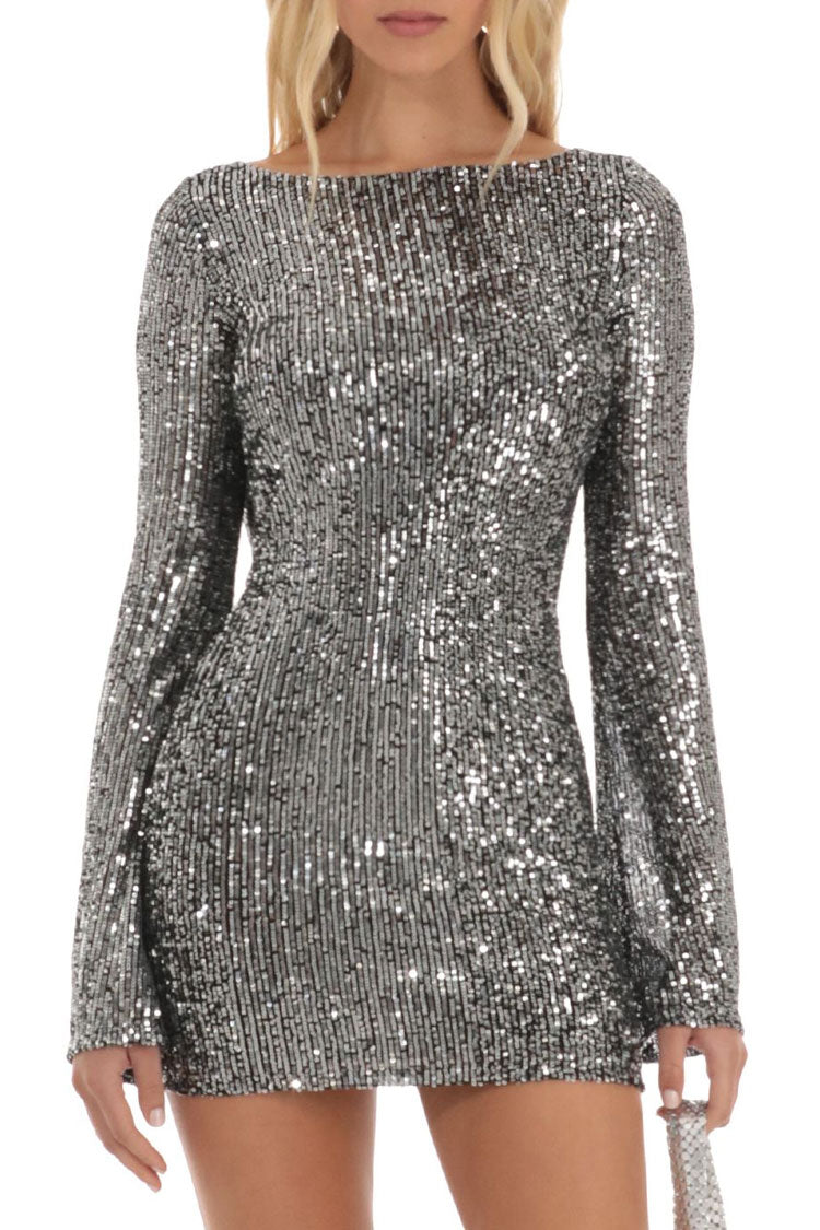 Boat Neck Long Sleeve Vertical Sequin Bodycon Mini Dress
