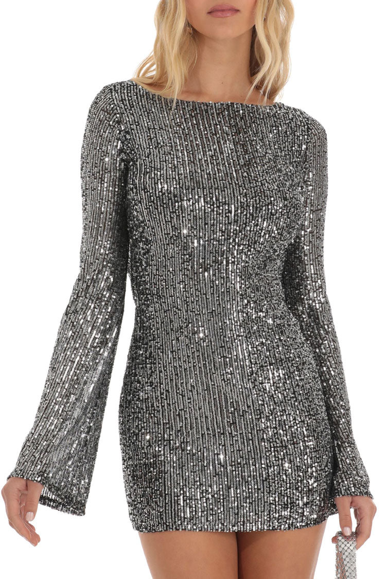 Boat Neck Long Sleeve Vertical Sequin Bodycon Mini Dress